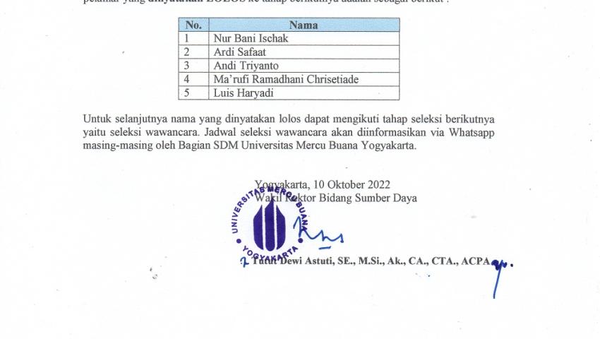 Pengumuman Hasil Seleksi Administrasi Calon Tenaga Kependidikan Biro Kemahasiswaan dan Alumni Universitas Mercu Buana Yogyakarta