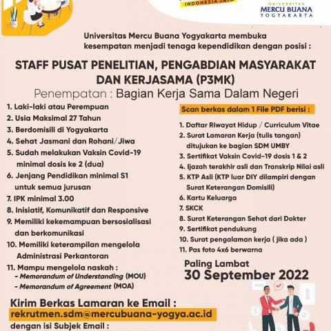 Lowongan Staff Pusat Penelitian, Pengabdian Masyarakat dan Kerjasama (P3MK) Universitas Mercu Buana Yogyakarta
