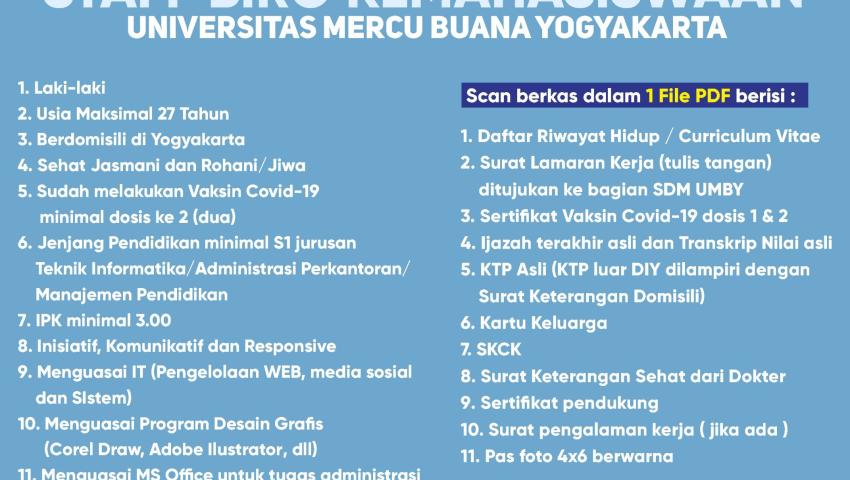 Lowongan Staff Biro Kemahasiswaan dan Alumni Universitas Mercu Buana Yogyakarta