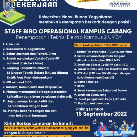 Lowongan Staff Biro Operasional Kampus Cabang Universitas Mercu Buana Yogyakarta