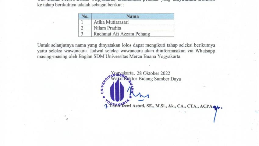 Pengumuman Hasil Seleksi Administrasi Calon Tenaga Kependidikan Pusat Penelitian, Pengabdian Masyarakat dan Kerjasama Universitas Mercu Buana Yogyakarta
