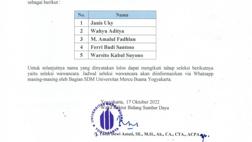 Pengumuman Hasil Seleksi Administrasi Calon Tenaga Kependidikan Biro Operasional Kampus Cabang Universitas Mercu Buana Yogyakarta